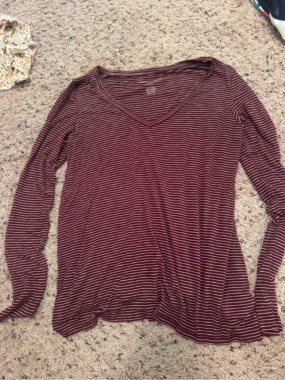 American Eagle Outfitters Burgundy & White Striped V-Neck Long Sleeve Top